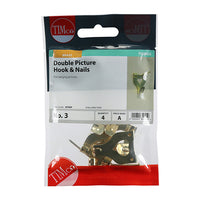 Picture Hanging Hooks - Double - Electro Brass No.3 Double 4 Pack